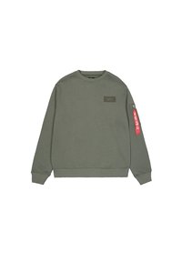 Felpa grigio-verde con collo a giro, polsini elasticizzati, una tasca laterale con zip e una patch con logo sul petto in un colore a contrasto.