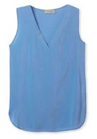 Ljusblå ärmlös topp med V-ringning, gjord av slät tyg. Rundad nederkant. Etiketten säger "FALCONERI."