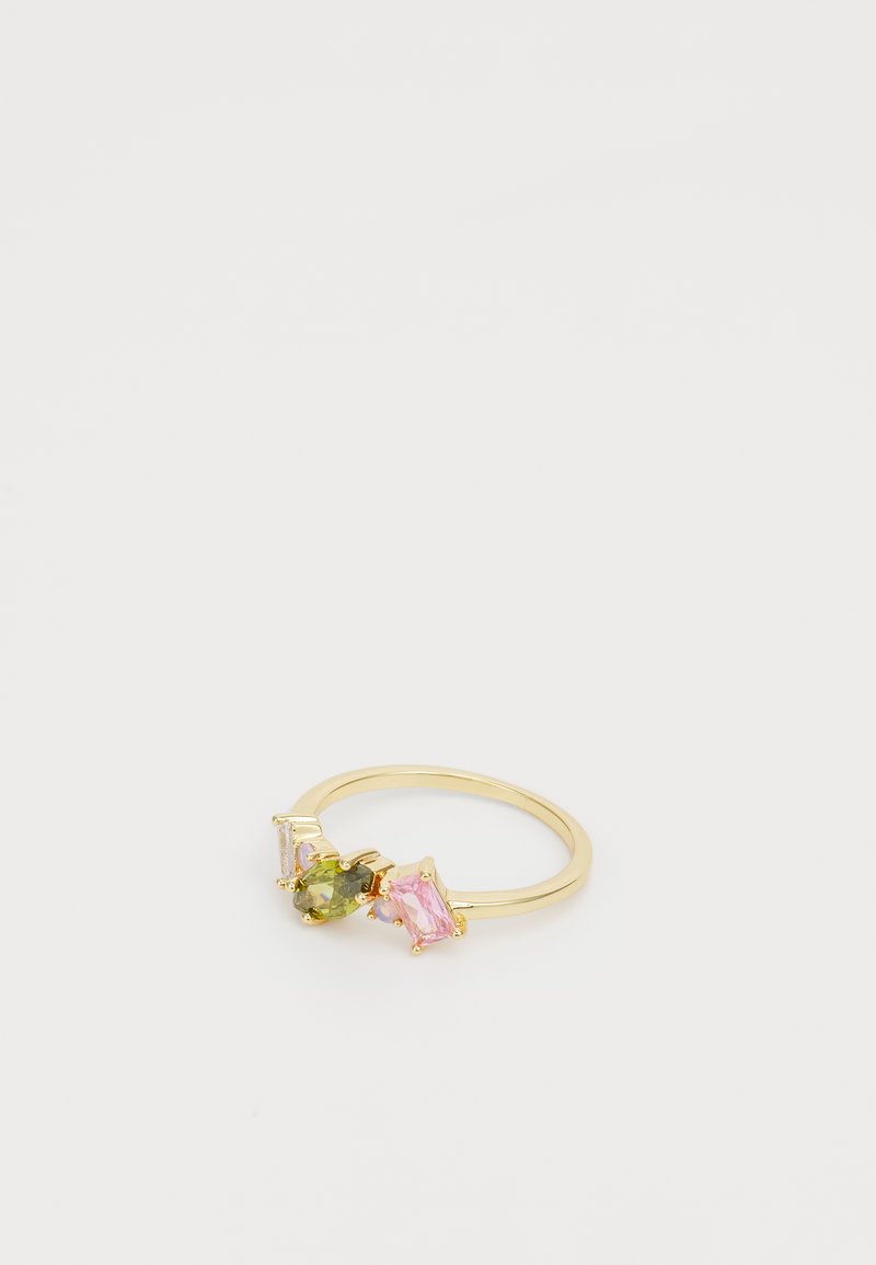 Gold ring featuring three colorful gemstones: a green oval, a pink rectangular, and a clear triangular stone, all set in prongs.