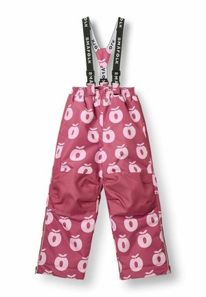 Pantalon de neige rose pour enfants avec motifs de fruits rose clair, renforts aux genoux et bretelles noires réglables avec texte blanc.
