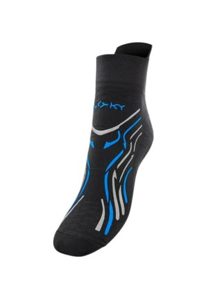 Calzino alla caviglia nero con linee geometriche astratte blu e grigie e un piccolo logo blu vicino al polsino superiore.