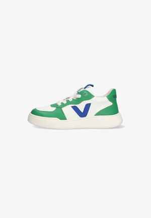 Green and white sneaker with blue accents, featuring a textured leather upper, round toe, and flat rubber sole. Prominent logo on the side.