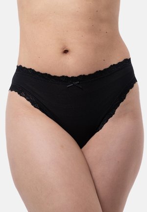 Schwarze Damenunterwäsche aus Stoff mit Spitzenbesatz an Taille und Beinen und einem kleinen Schleifendetail in der Mitte vorn.