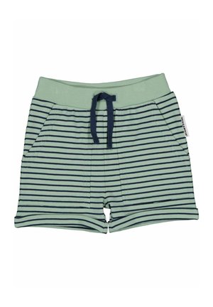 Vihreät raidalliset shortsit, joissa on tummansinisiä raitoja, joustava vyötärö, etutaskut ja narukiinnitys. Valmistettu pehmeästä puuvillakankaasta.