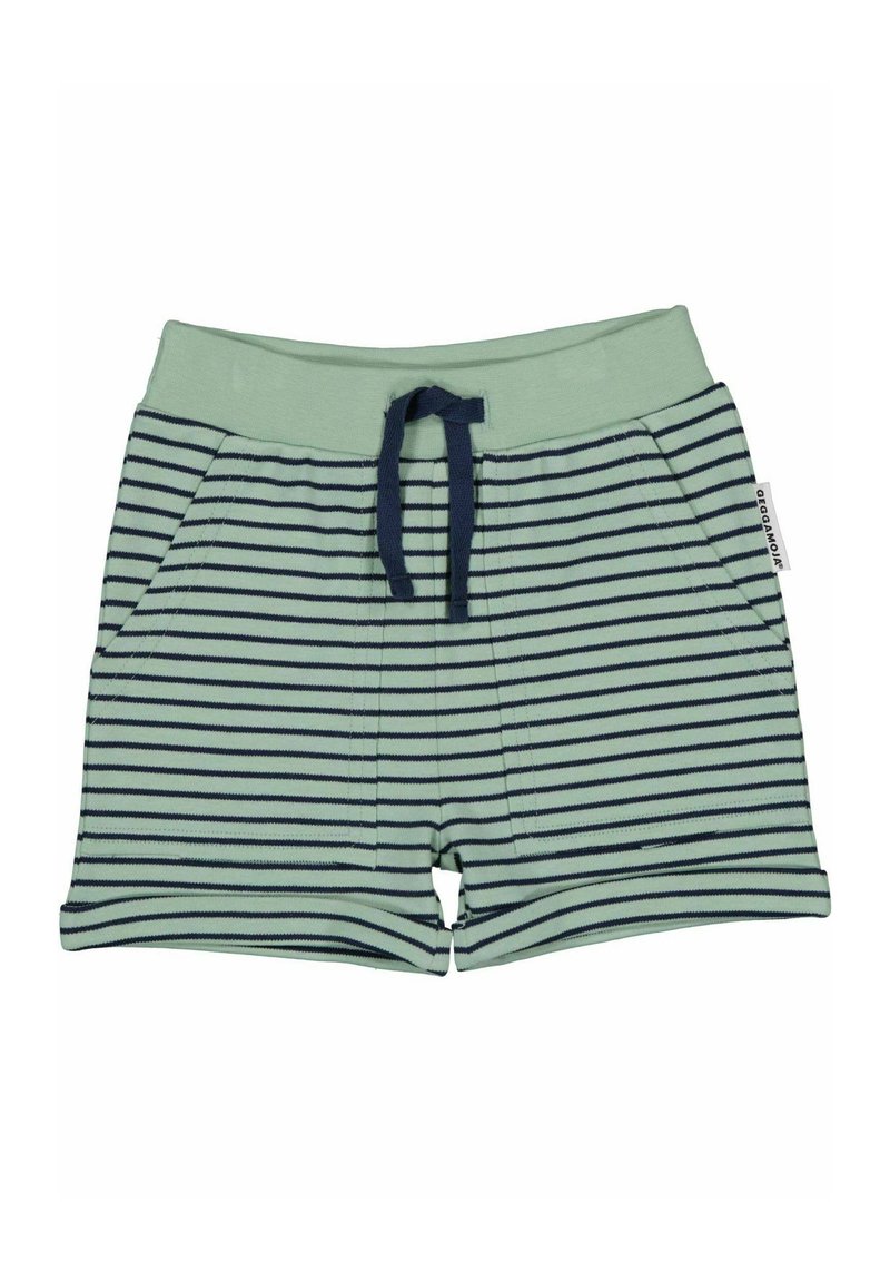 Gröna randiga shorts med marinblå ränder, elastisk midja, framfickor och dragsko. Tillverkade av mjukt bomullstyg.