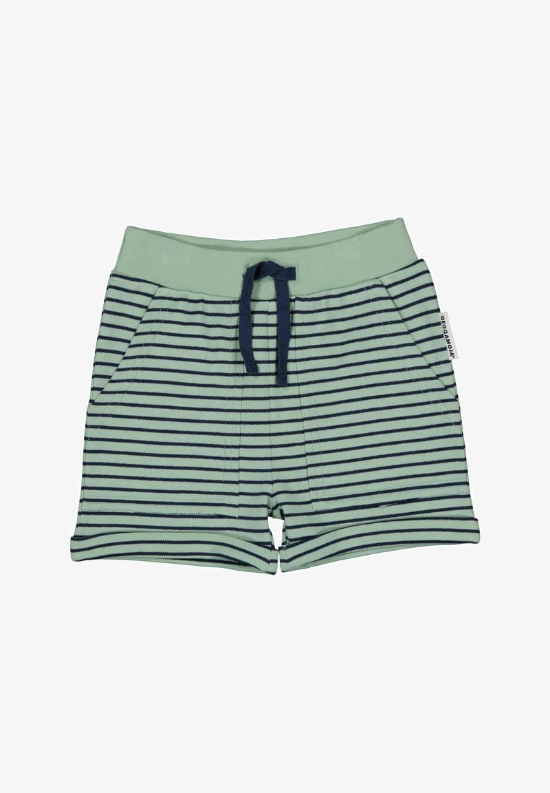 Gröna randiga shorts med marinblå ränder, elastisk midja, framfickor och dragsko. Tillverkade av mjukt bomullstyg.
