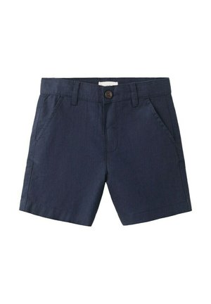 Tmavomodré bavlnené kraťasy s prednými vreckami, pútkami na opasok a zapínaním na gombík v páse.