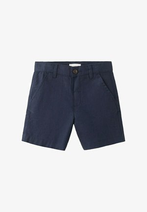 Marineblauwe katoenen korte broek met steekzakken aan de voorkant, lussen voor een riem en een knoopsluiting in de taille.