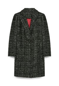 Cappotto doppiopetto in tweed nero e bianco con un motivo testurizzato, dotato di una fodera interna rossa e rever a punta.