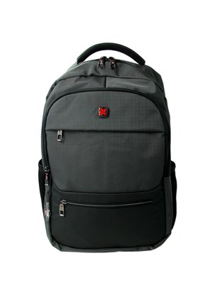 Sac à dos noir en tissu durable avec une texture lisse, doté d'une fermeture éclair centrale, d'un compartiment avant avec fermeture éclair et d'une poignée rembourrée.