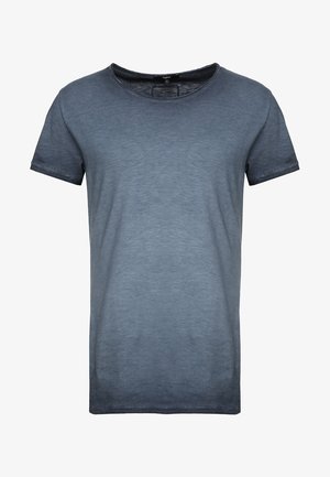 Dunkelblaues T-Shirt aus einem weichen, leichten Stoff. Verfügt über einen Rundhalsausschnitt, kurze Ärmel und ein leicht verblasstes Verlaufsdesign am Saum.