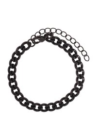 Bracciale in metallo nero con maglie lisce e incrociate. Presenta una chiusura regolabile con un prolungamento a catena per la regolazione della misura.