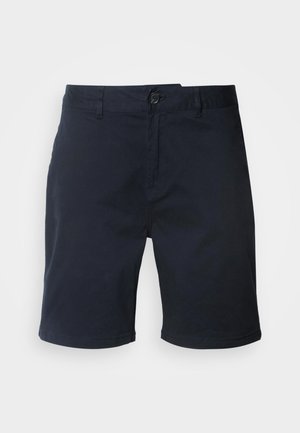 Mornarice pamučne šortse s dugmadi za zatvaranje, petljama za remen i ravnim rubom. Imaju glatku teksturu i klasičan dizajn.