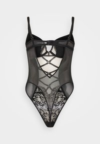 Body a rete nero con dettagli in pizzo, spalline regolabili e design incrociato sul davanti. Texture morbida, silhouette aderente.