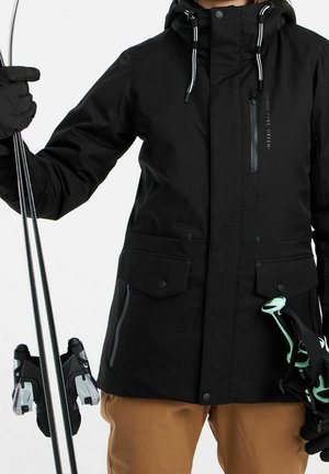 Person in schwarzer Winterjacke und brauner Hose, der silberne Skier und schwarze Skistöcke mit hellgrünen Griffen hält.