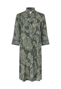 Langes, grünes Kleid mit floralen Paisleymuster in Blau und Gold. Es hat einen Kragen, drei Viertel-Ärmel mit gemusterten Manschetten und eine gerade Silhouette.