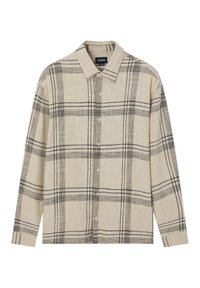 Beige nappipaita, jossa on musta ruudullinen kuvio, pitkät hihat ja klassinen kaulus, valmistettu teksturoidusta kankaasta.