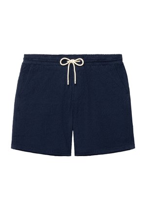 Tmavomodré froté krátke nohavice s prednými vreckami a bielym sťahovacím pásom, jemný reliéfny vzor po celej látke.
