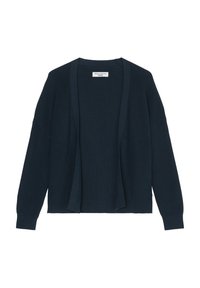 Mörkblå stickad cardigan med öppen framsida, ribbat mönster, långa ärmar och en avslappnad passform; inga knappar eller stängningar.