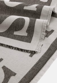 Audinėme pleduke pilkai ir kreminėse atspalviuose išryškintos drąsios juodos raidės. Kraštai baigti sutrintomis puošmenomis, suteikiančiomis tekstūrą. Minkšta, šilta medžiaga.