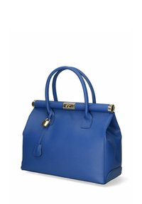 Bolso de mano de cuero azul con dos asas redondeadas, herrajes dorados y cierre de broche. Superficie texturizada y forma estructurada con una base plana.