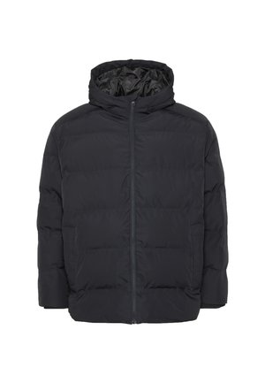 Jachetă puffer neagră cu glugă, având fermoar frontal, design matlasat și buzunare laterale. Fabricată dintr-un material neted, izolat.