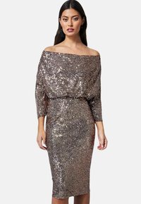 Goddiva GODDIVA SEQUIN COWL NECK MIDI DRESS różowozłoty