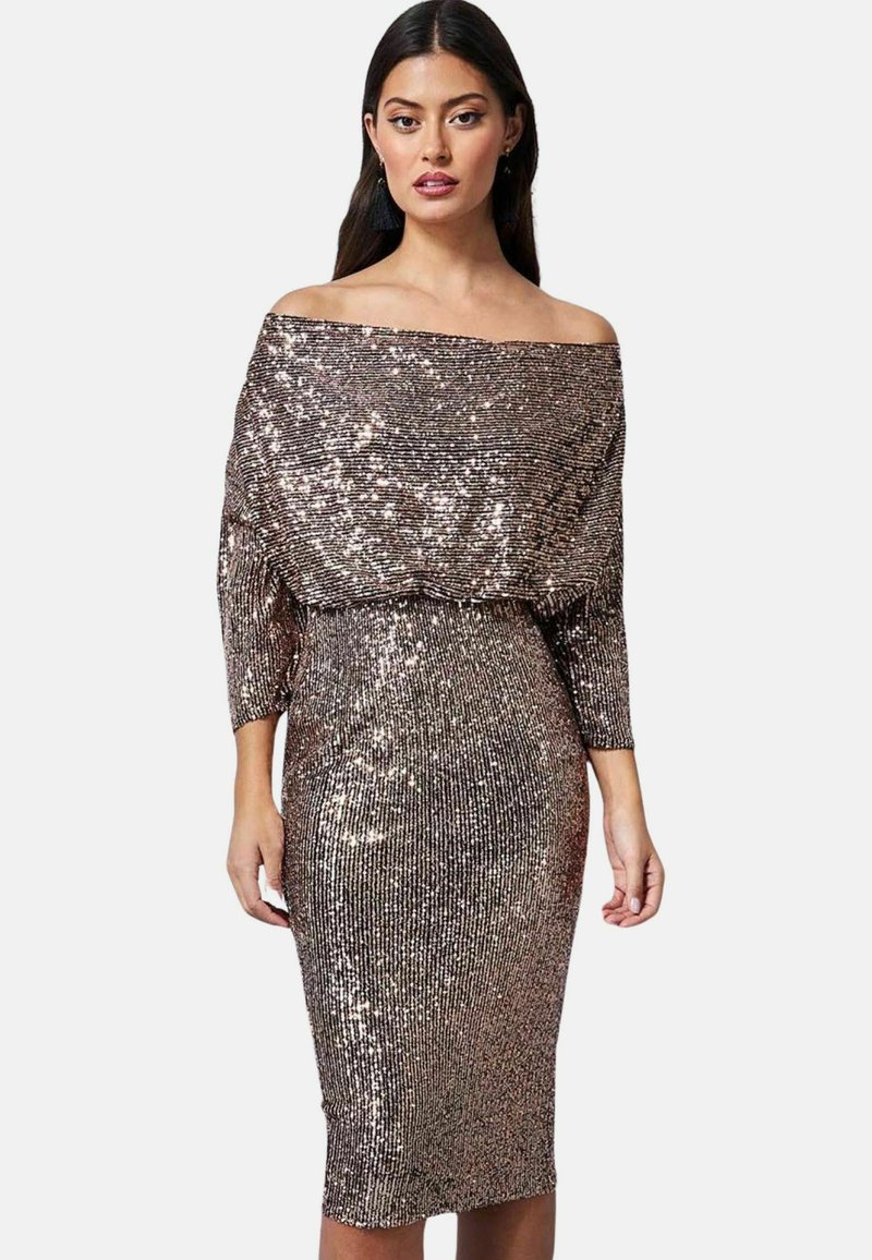 Goddiva GODDIVA SEQUIN COWL NECK MIDI DRESS różowozłoty