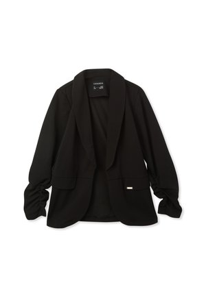 Blazer nero in tessuto elasticizzato, con colletto a scialle, maniche arricciate e un sottile accento metallico sul davanti.