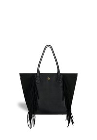 Black leather tote bag with two sturdy handles, featuring long black fringes on both sides and a central logo detail.