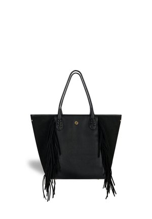 Black leather tote bag with two sturdy handles, featuring long black fringes on both sides and a central logo detail.