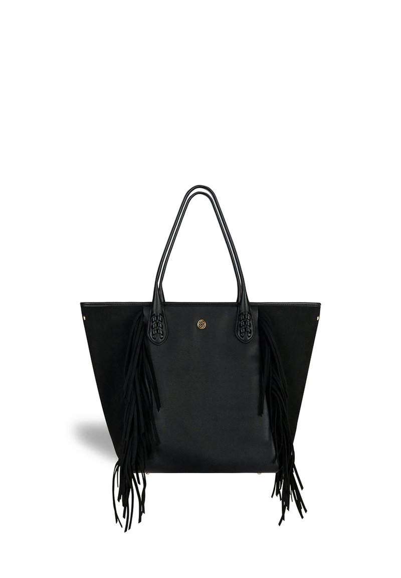 Black leather tote bag with two sturdy handles, featuring long black fringes on both sides and a central logo detail.