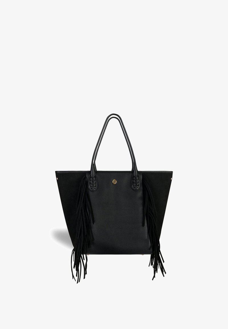 Black leather tote bag with two sturdy handles, featuring long black fringes on both sides and a central logo detail.
