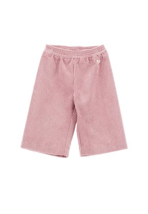 Pantaloni corti a coste rosa chiaro con una vita elasticizzata, caratterizzati da un piccolo dettaglio a forma di cuore. Il tessuto ha una consistenza morbida e una vestibilità comoda.