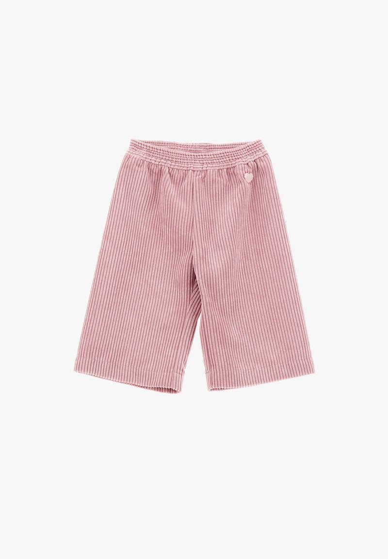 Pantaloni corti a coste rosa chiaro con una vita elasticizzata, caratterizzati da un piccolo dettaglio a forma di cuore. Il tessuto ha una consistenza morbida e una vestibilità comoda.