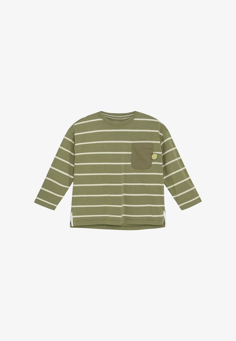 Olivengrünes Langarmhemd mit weißen horizontalen Streifen, rundem Ausschnitt und solidem olivgrünem Brusttasche mit gelbem runden Abzeichen.