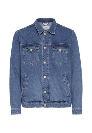 Denim jack in medium blauw met een klassieke kraag, twee borstzakken, zijzakken en zilveren knoopdetails. Gelaagd stof.