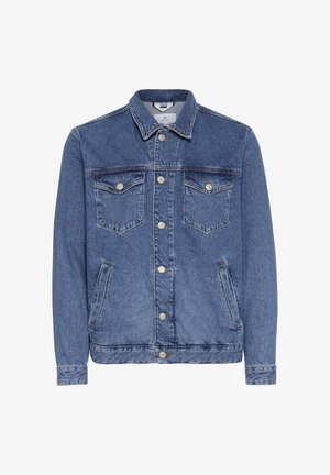 Veste en denim bleu moyen avec un col classique, deux poches poitrine, des poches latérales et des boutons en métal argenté. Tissu texturé.