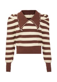 Gestreifter Pullover in Braun und Creme mit geripptem Textur, ausgestattet mit einem großen Kragen, der mit weißen Perlen verziert ist, und Puffärmeln. Kurzes Design.