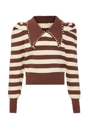 Brown and cream striped sweater with a ribbed texture, featuring a large collar adorned with white beads and puff sleeves. Cropped design.