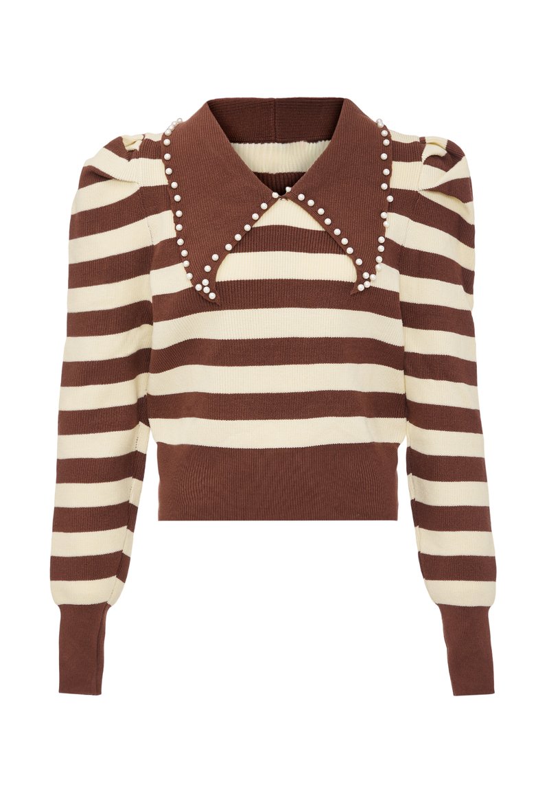 Gestreifter Pullover in Braun und Creme mit geripptem Textur, ausgestattet mit einem großen Kragen, der mit weißen Perlen verziert ist, und Puffärmeln. Kurzes Design.