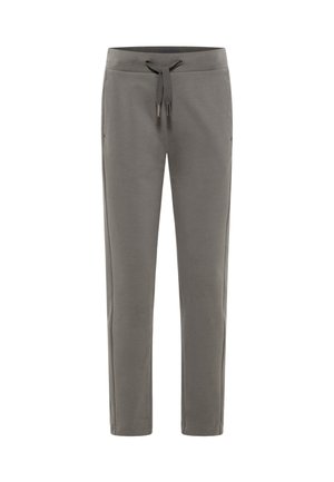 Gray sweatpants made of soft fabric, featuring a drawstring waistband, tapered legs, side pockets, and a smooth texture.