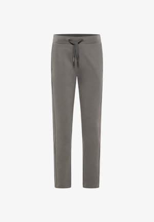 Gray sweatpants made of soft fabric, featuring a drawstring waistband, tapered legs, side pockets, and a smooth texture.