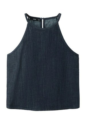 Tamnoplava traper majica bez rukava s visokim izrezom i zatvaranjem na kopče straga.