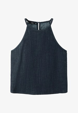 Tamnoplava traper majica bez rukava s visokim izrezom i zatvaranjem na kopče straga.