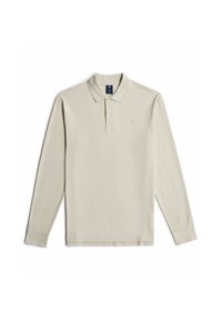 Polo en beige clair à manches longues en tissu doux. Doté d'un col classique, d'une patte de boutonnage à trois boutons et d'un logo discret sur la poitrine.