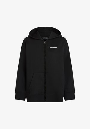 Crna zip-jakna napravljena od mekog materijala. Ima prednji džep, kapuljaču sa špagama i bijeli "Karl Lagerfeld" logo na prsima.