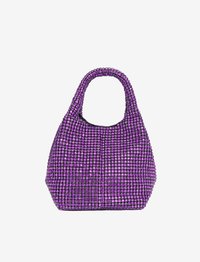 Purple handbag covered in shimmering crystals, featuring a rounded handle and a structured, geometric shape with a textured finish.