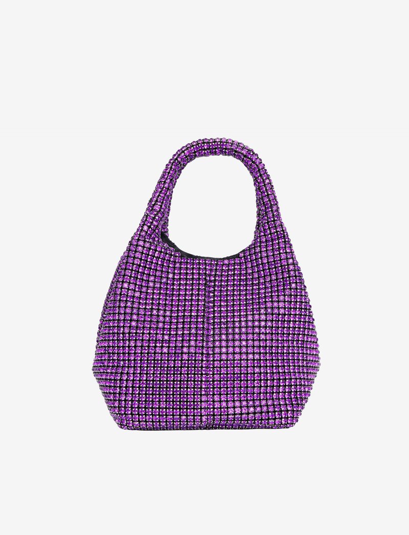 Purple handbag covered in shimmering crystals, featuring a rounded handle and a structured, geometric shape with a textured finish.