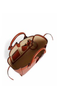 Borsa a mano in pelle marrone con due manici, compartimenti interni e superficie liscia. La fodera è chiara con piccole tasche per l'organizzazione.